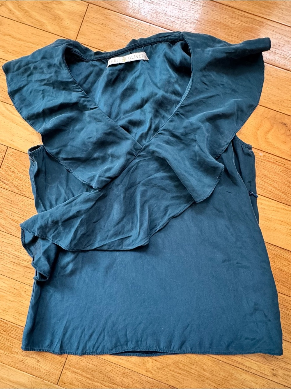 Y2K Teal 100% Silk Ruffle Blouse Marie Oliver Romantic Top